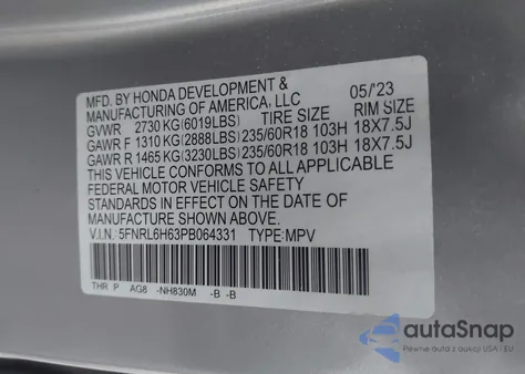 2023 Honda Odyssey Ex-L из США, поврежденный, VIN 5FNRL6H63PB064331